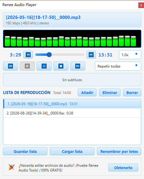 Reproductor de audio integrado para reproducir grabaciones de audio del PC en Renee Audio Recorder X