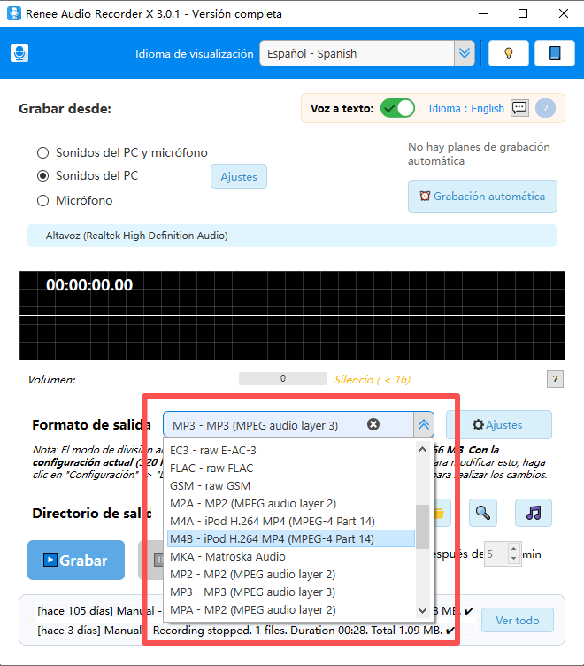 Formatos de audio de salida compatibles en Renee Audio Recorder X