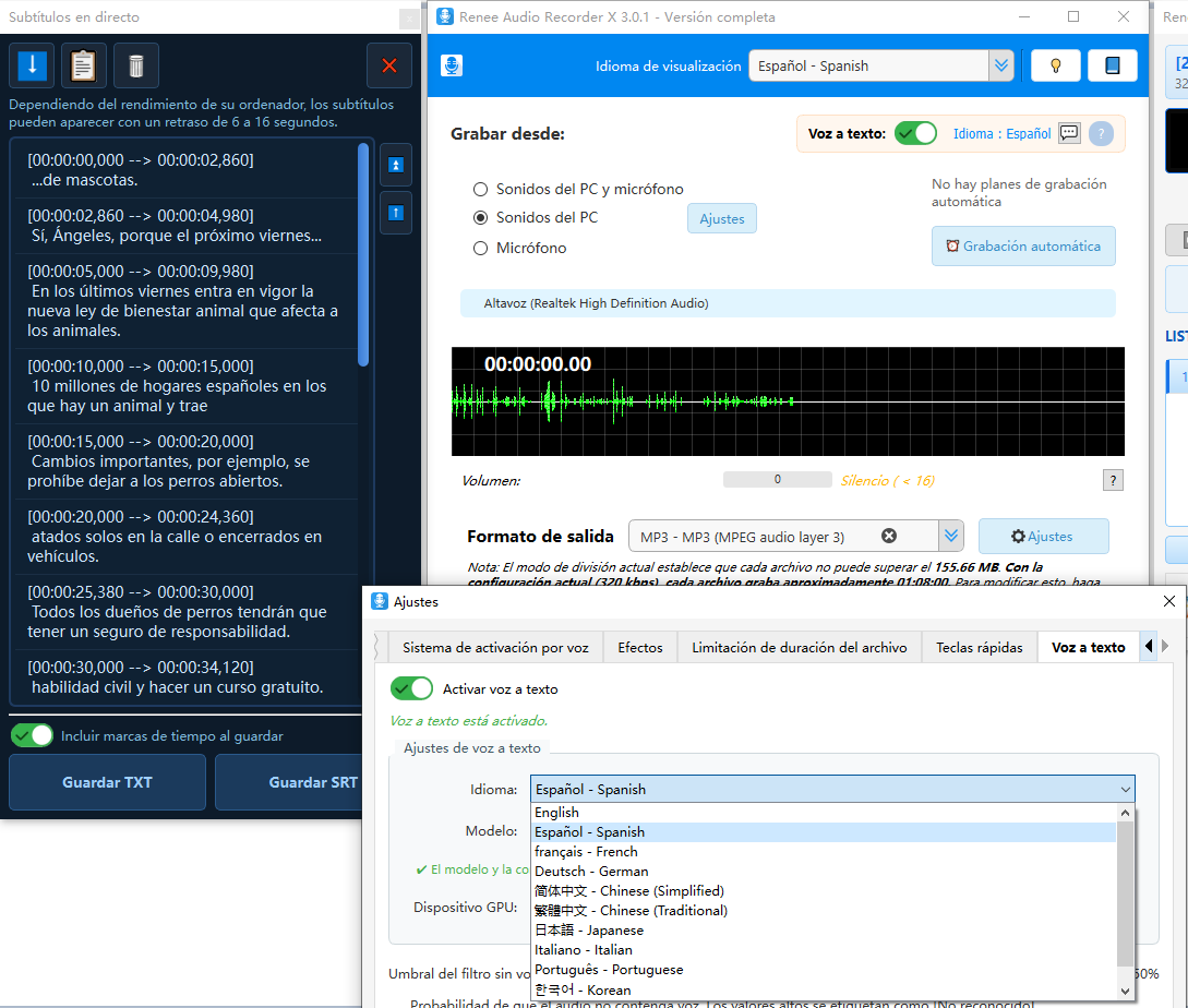 Ajustes de voz a texto y subtítulos en directo en Renee Audio Recorder X